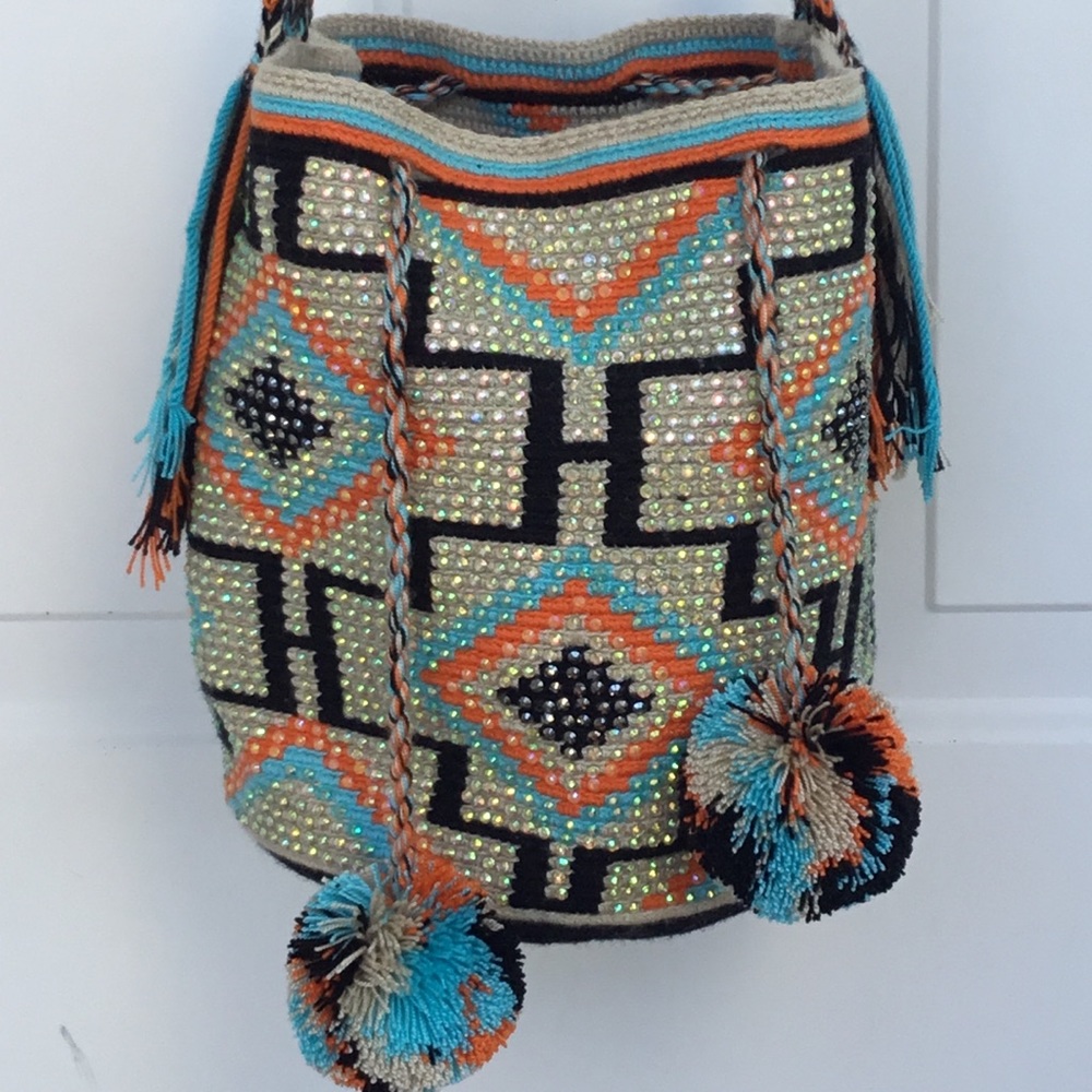 Boho Beaded Pom-Pom Bucket Bag in Turquoise & Orange